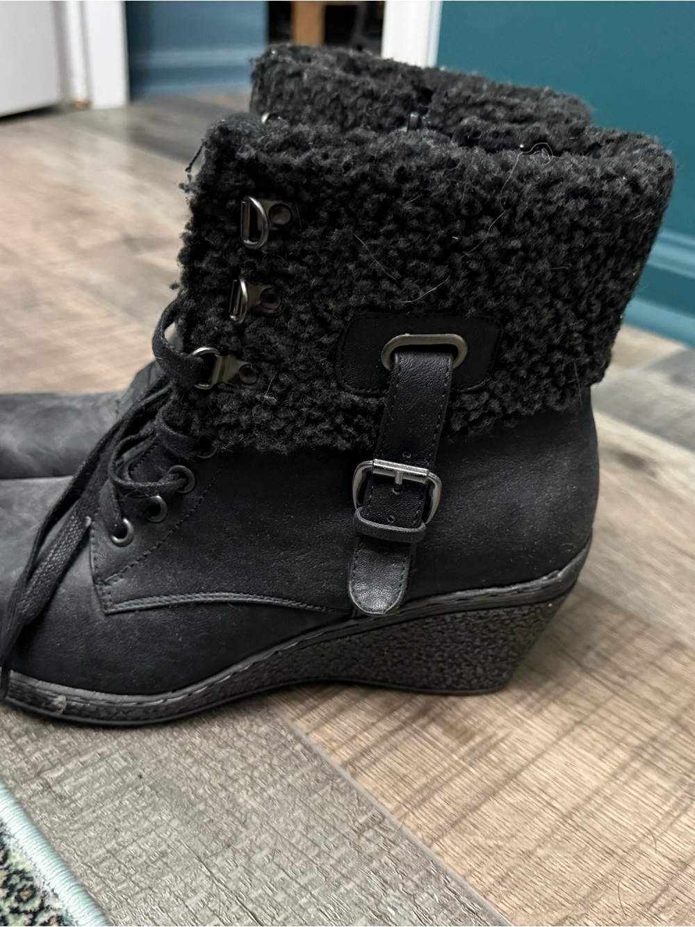 Patrizia Black Wedge Ankle Boot with Faux Shearling Cuff